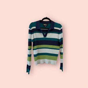 Green and Blue Striped Collared Sweater